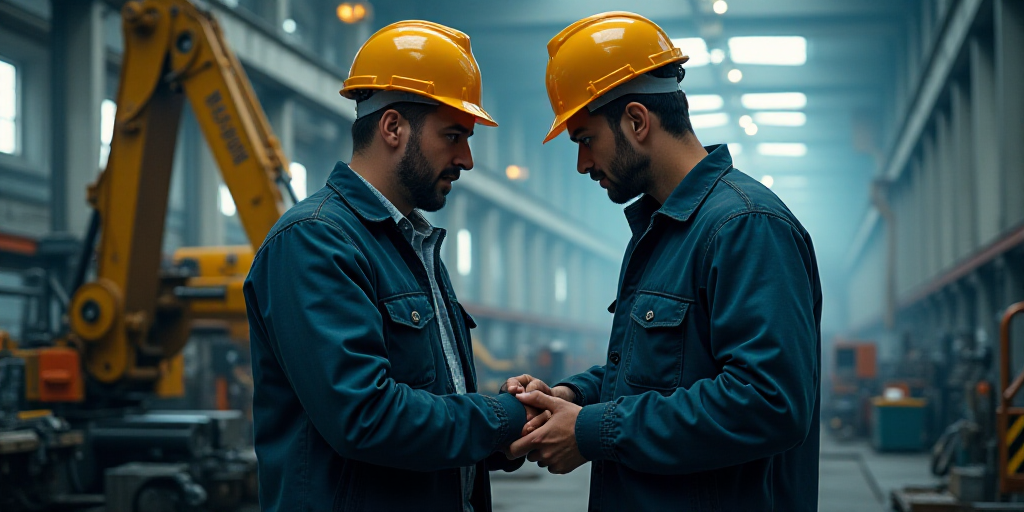 two men in hard hats look at a piece of equipment in a factory with a machine in the background, Dah