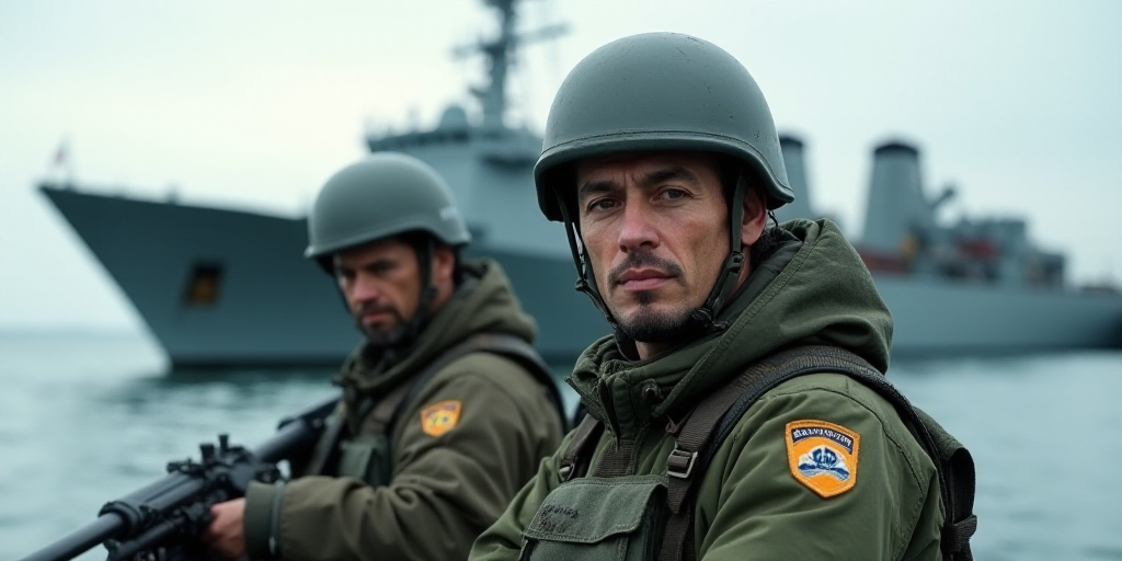 two men in military gear are in a boat on the water near a large ship in the background,, Estuardo M