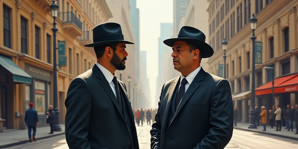 two men in suits and hats standing next to each other in a city street with tall buildings in the ba