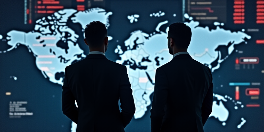 two men in suits and ties are standing in front of a stock market display with a world map in the ba