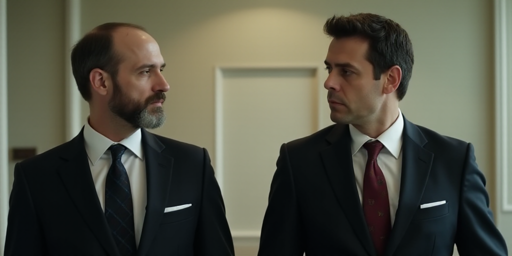 two men in suits and ties one is looking at the camera and the other is looking at the camera, Don A