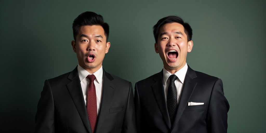 two men in suits and ties one is making a face and the other is making a face with his mouth open, D