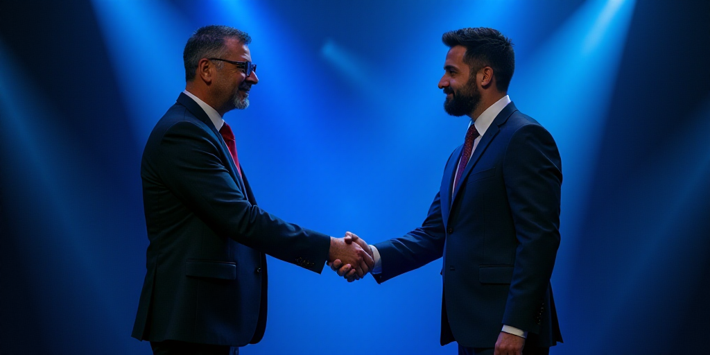two men in suits and ties shaking hands on stage with a blue background behind them and a black and