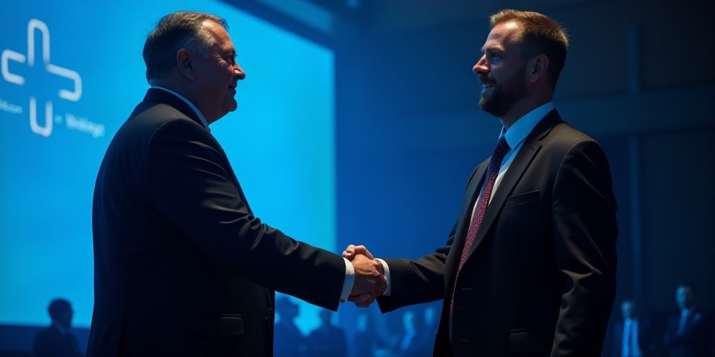 two men in suits and ties shaking hands on stage with a blue background behind them and a black and