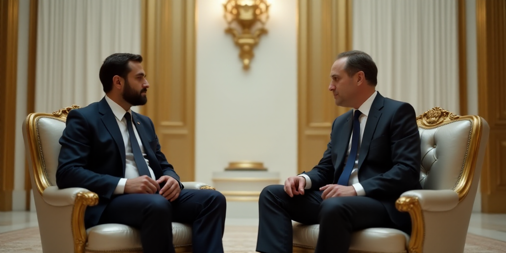 two men in suits and ties sitting in chairs talking to each other in a room with gold and white wall