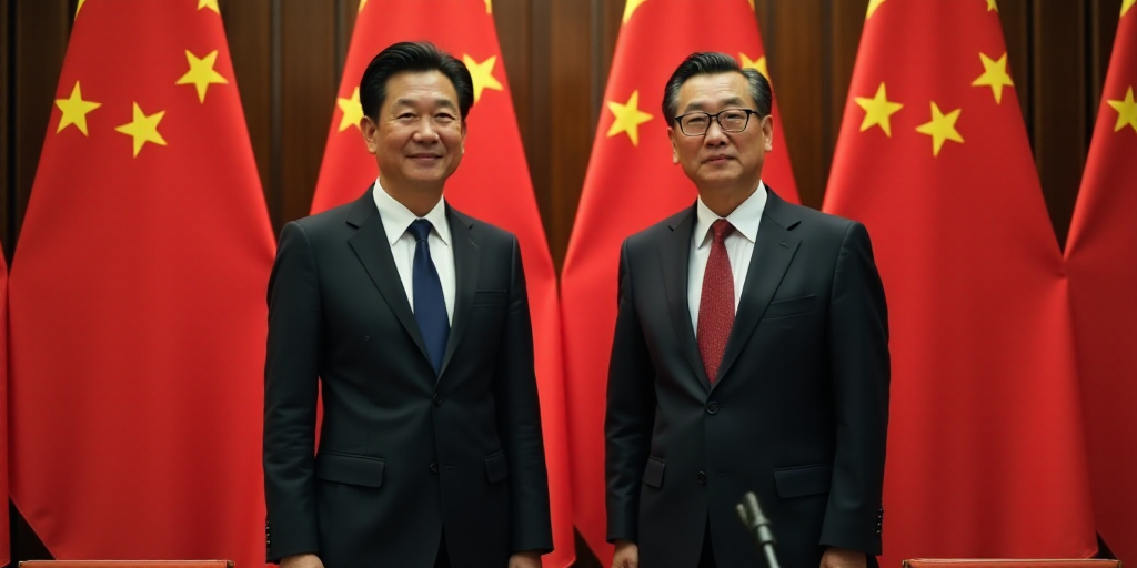 two men in suits and ties standing next to flags and a table with a phone on it and a microphone, Di