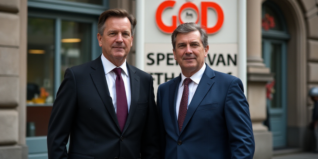 two men in suits and ties standing next to each other in front of a sign that says gop, Denis Eden,
