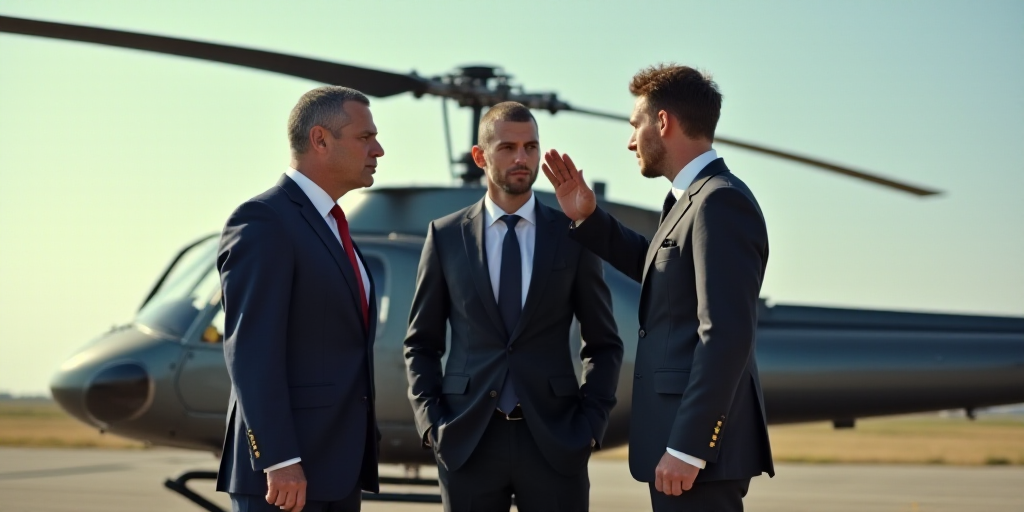 two men in suits and ties standing in front of a helicopter and a helicopter pilot in uniform saluti