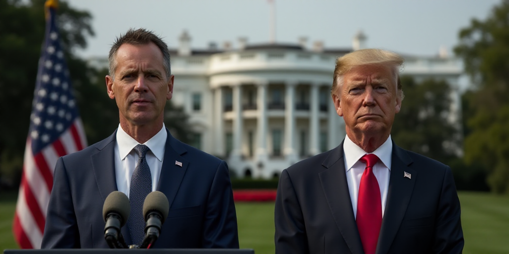 two men in suits and ties standing in front of a podium with a flag in the background and a white ho