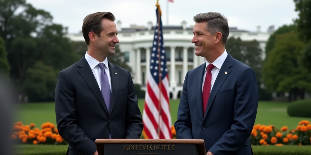 two men in suits and ties standing in front of a podium with a flag in the background and a white ho