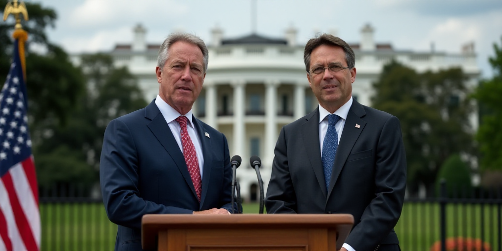 two men in suits and ties standing in front of a podium with a flag in the background and a white ho