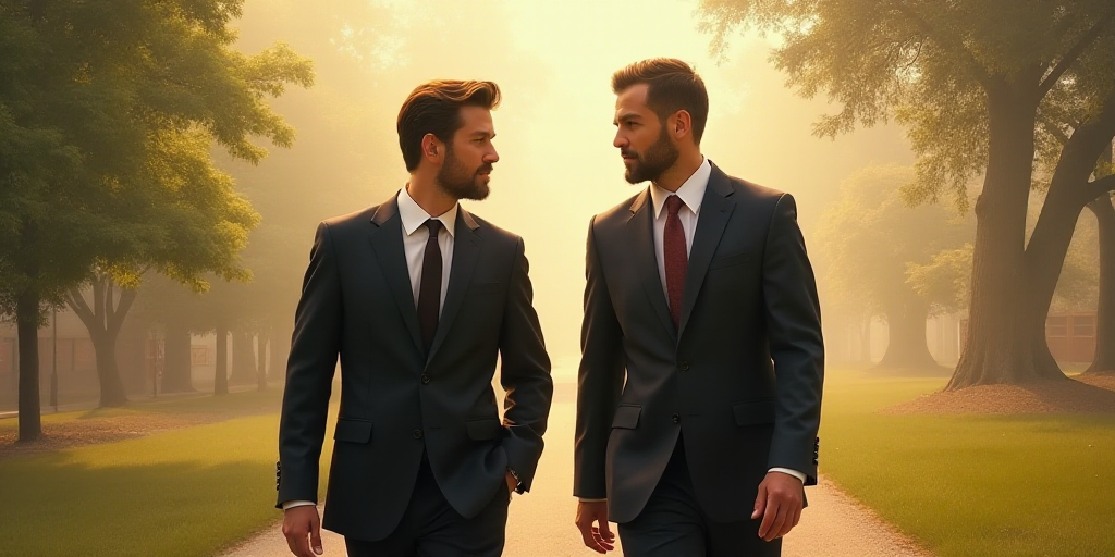 two men in suits and ties walking together outside in the sun, one of them is looking off to the sid