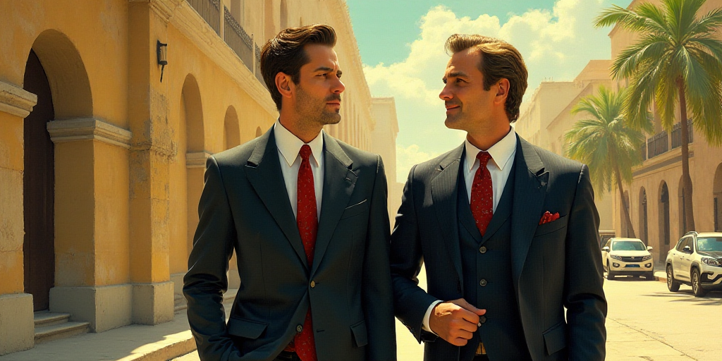 two men in suits and ties walking together outside in the sun, one of them is looking off to the sid