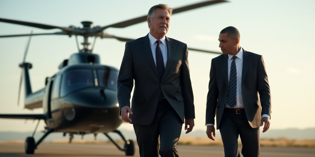 two men in suits and ties walking towards a helicopter with a man in a suit and tie in front of him,