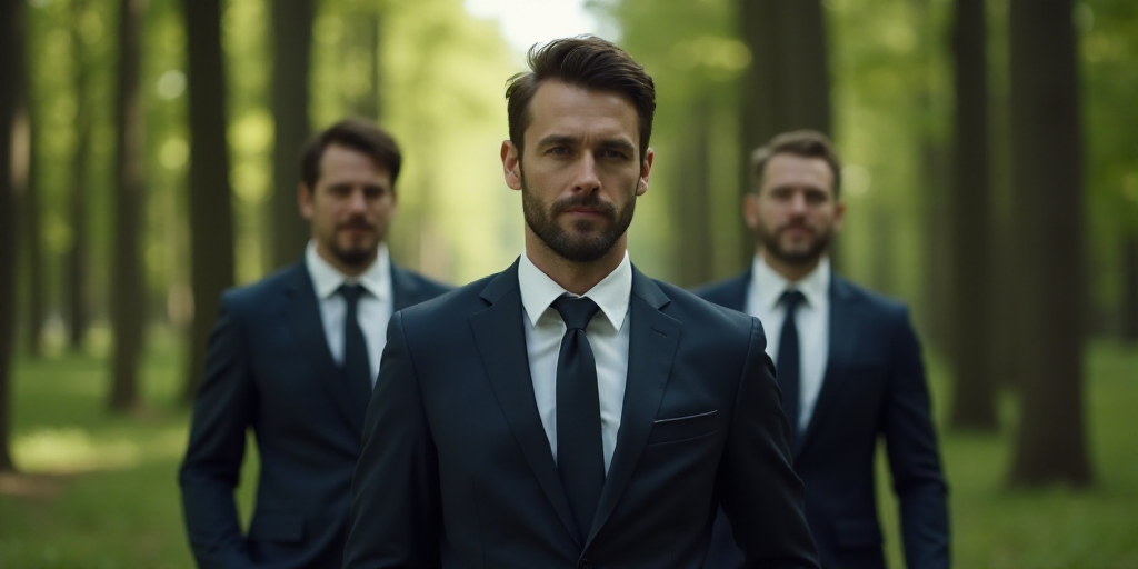 two men in suits and ties walking next to a man in a suit and tie in a forest with trees, Avgust Če