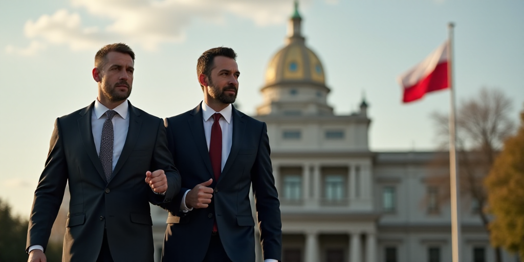 two men in suits and ties walking together in front of a flag and a building with a flag on it, Andr