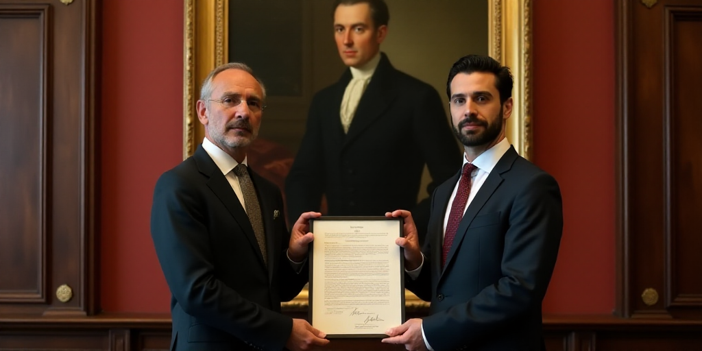 two men in suits holding a document in front of a painting of a man in a suit and tie, Diego Velázq