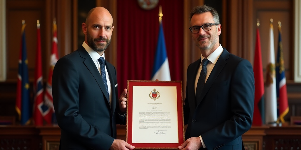 two men in suits holding a red framed document in front of them with flags in the background and a c