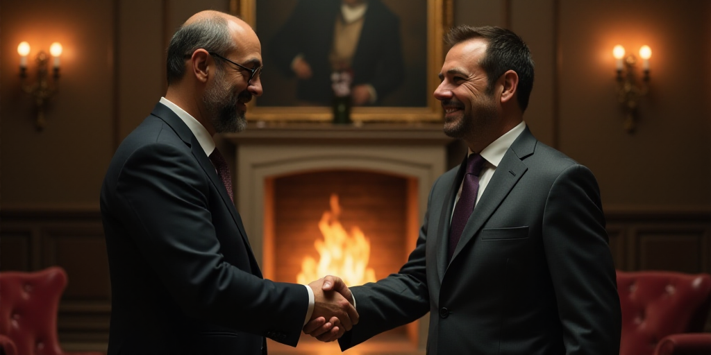 two men in suits shaking hands in a room with a fireplace and a fireplace man in a suit and tie, Edw