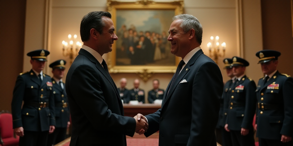 two men in suits shaking hands in a room with other men in uniform in the background and a painting