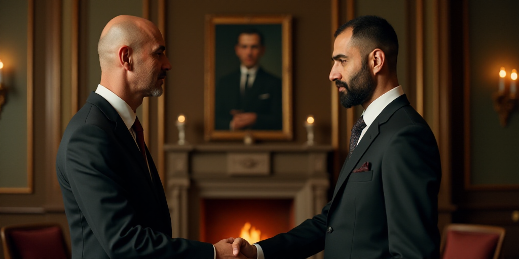 two men in suits shaking hands in a room with a fireplace and a fireplace man in a suit and tie, Edw