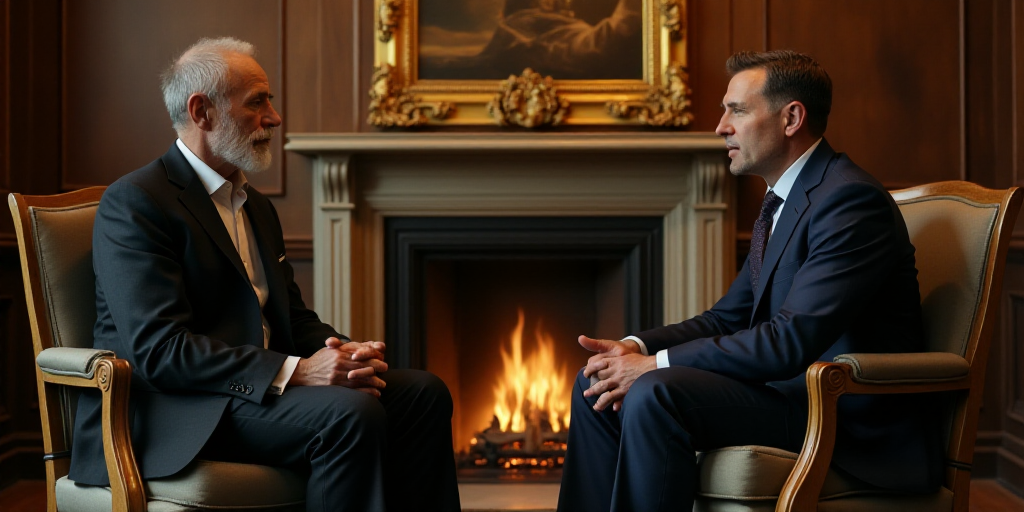 two men in suits sitting in chairs talking to each other in front of a fireplace with gold decoratio