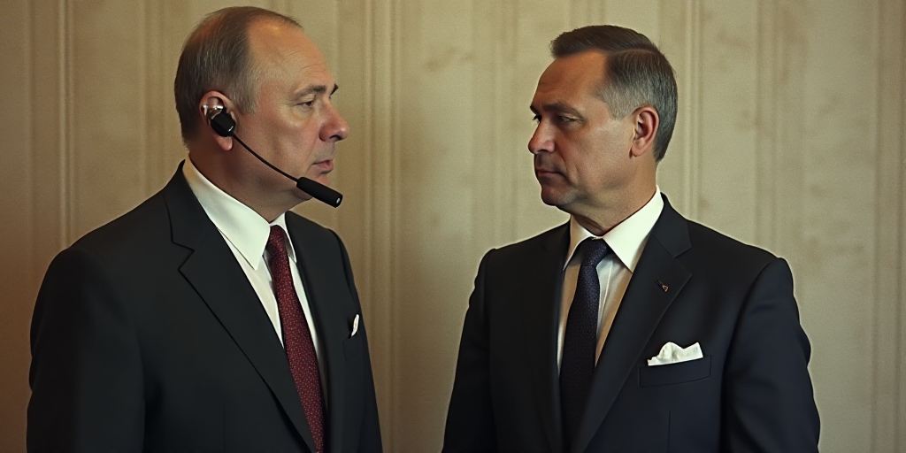 two men in suits standing next to each other in front of a wall with a microphone in it's ear, Boris