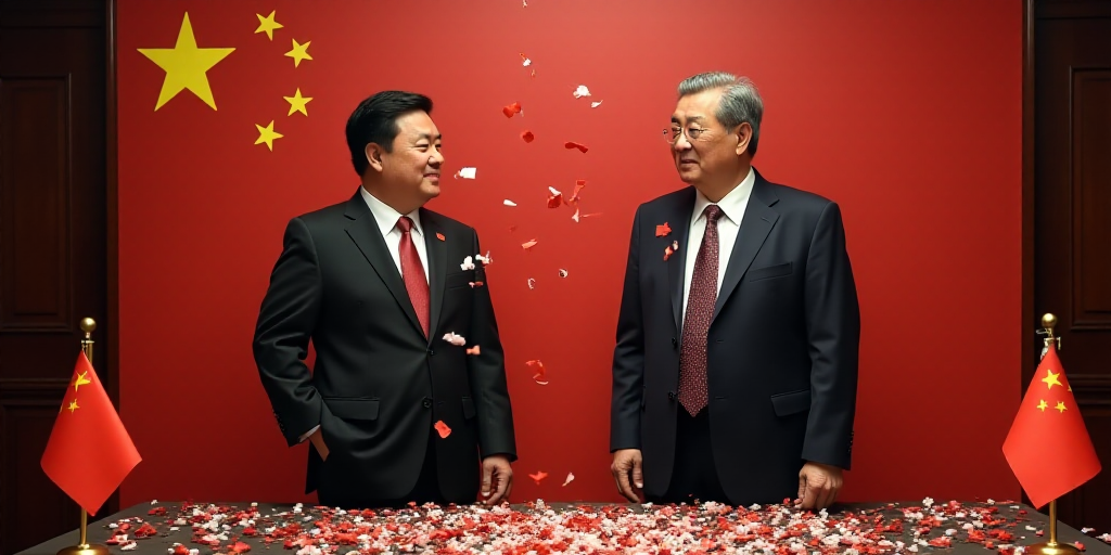 two men in suits standing next to a table with flags on it and confetti falling from the top of the