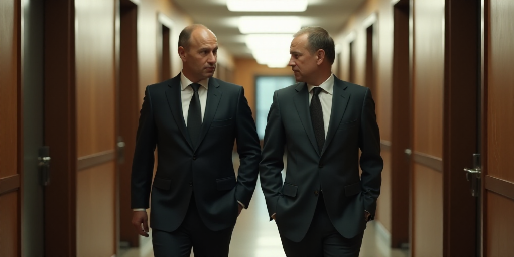 two men in suits walking down a hallway together, one of them is wearing a suit and the other is a t