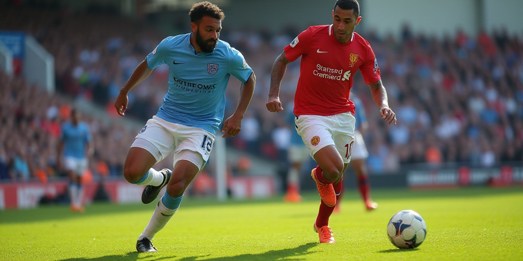 two men playing soccer on a field with a crowd watching them from the stands watching the game is be