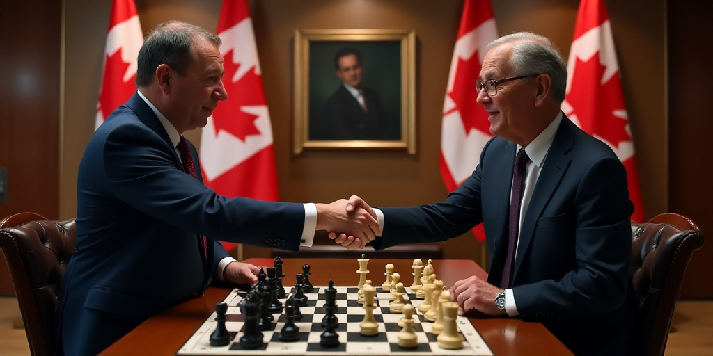 two men shaking hands in a room with canadian flags on the walls and a chess board on the floor, And