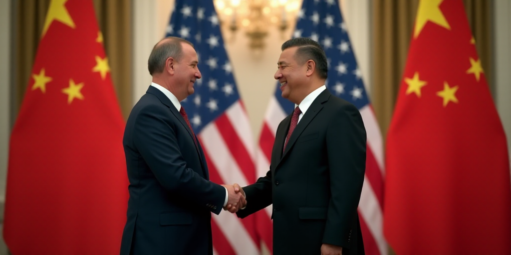 two men shaking hands in front of flags of usa and china in a meeting room at the white house, Boris