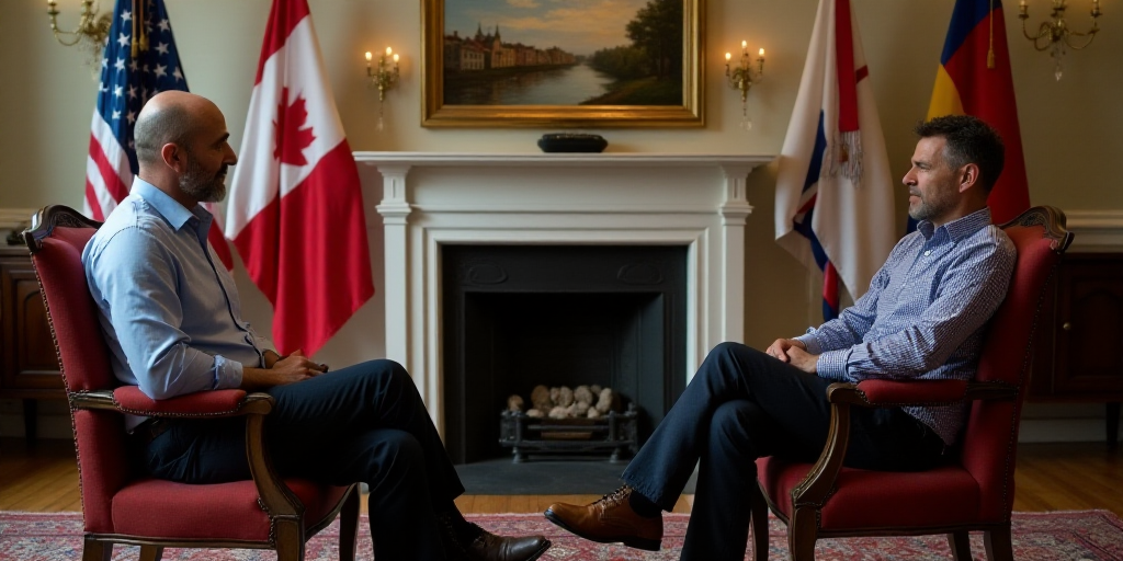 two men sitting in chairs in a room with flags on the wall and a fireplace in the background with a