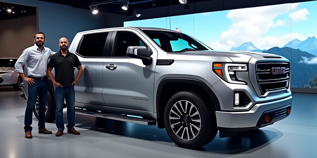 two men standing next to a silver truck on display at a showroom with a large screen behind them, Ar
