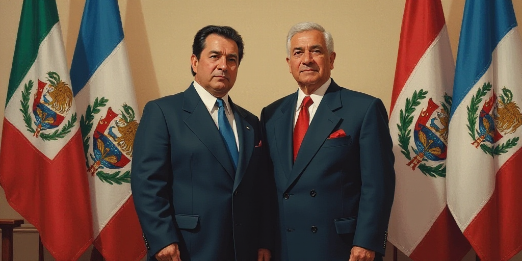 two men standing next to each other in front of flags and a wall with a coat of arms on it, Carlos F