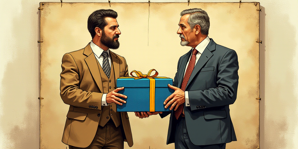 two men standing next to each other holding a blue box with a bow on it and a sign behind them, Fede