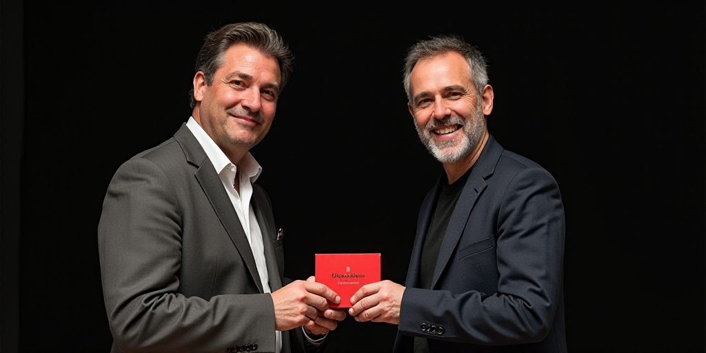two men standing next to each other holding a red object in their hands and smiling at the camera wi