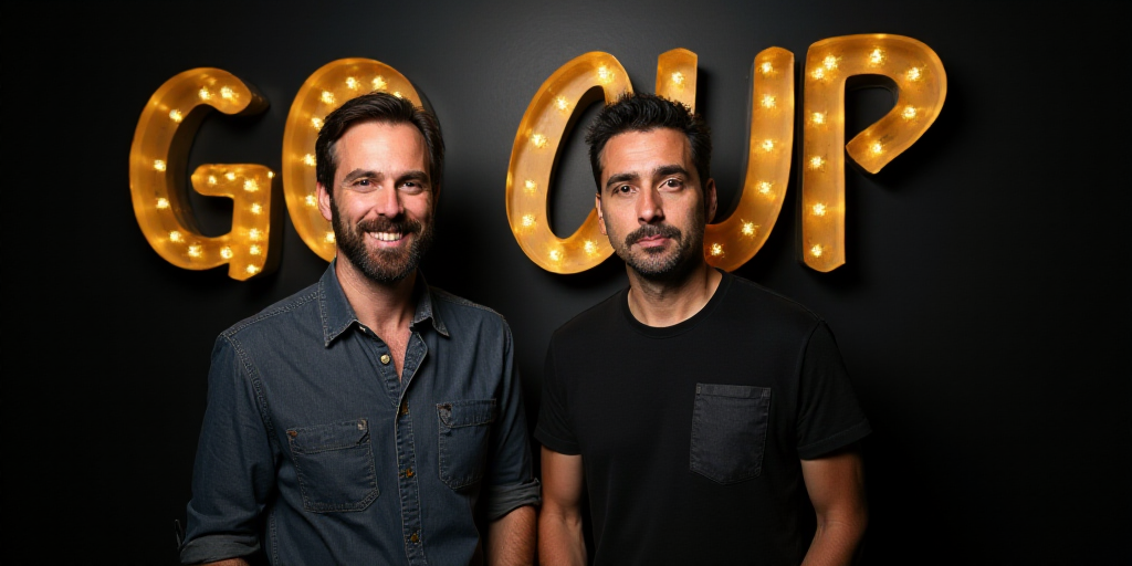 two men standing next to each other in front of a sign that says go cup on it and a black background