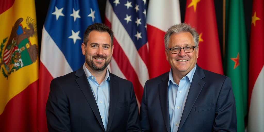 two men standing next to each other in front of flags of different countries and colors of the unite