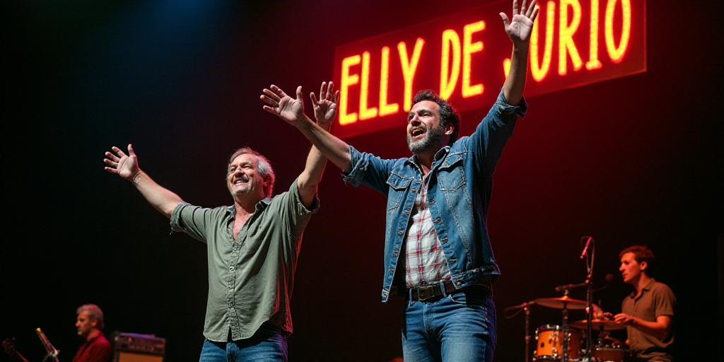 two men with their hands up in the air on stage with a sign behind them that says elly de jurio, Edd