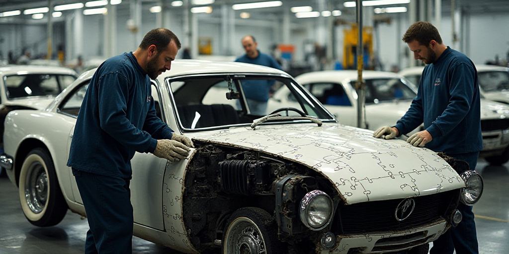 two men working on a car in a factory with other workers in the background looking at the car in the