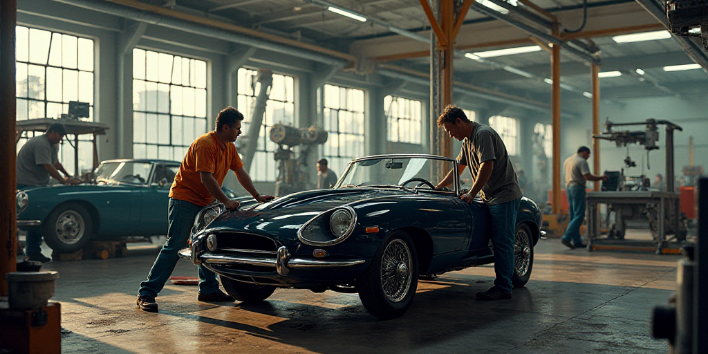 two men working on a car in a factory with other workers nearby on a platform with a car in the back