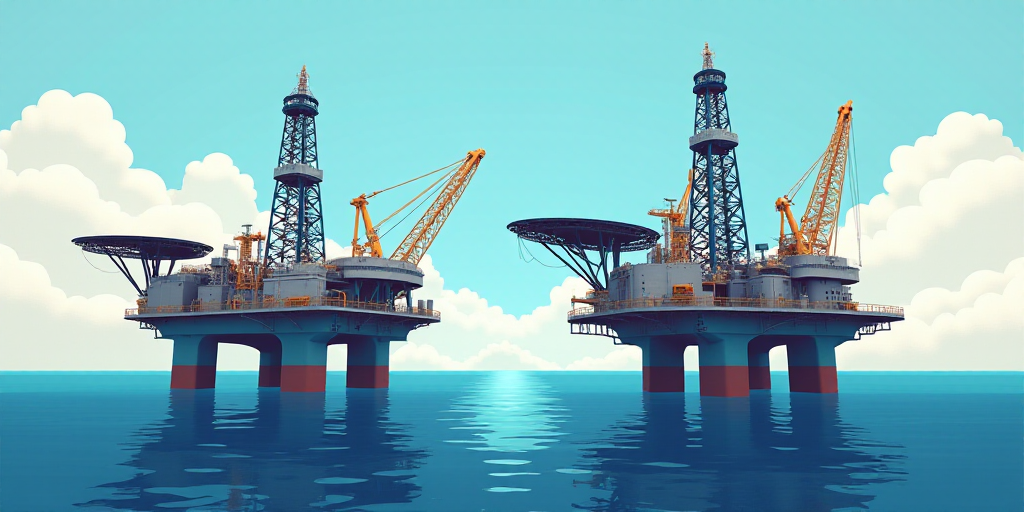 two oil rigs in the middle of the ocean with a sky background and clouds in the background,, Bascove