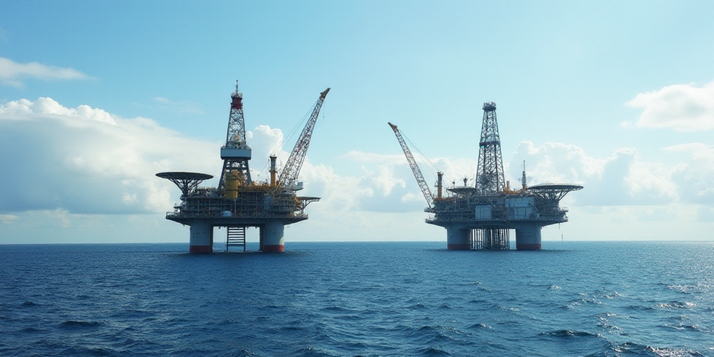 two oil rigs in the middle of the ocean with a sky background and clouds in the background,, Constan