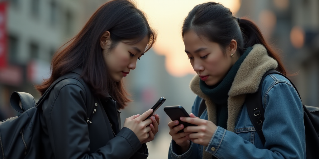 two people are looking at a cell phone together, one of them is holding a camera and the other is ho