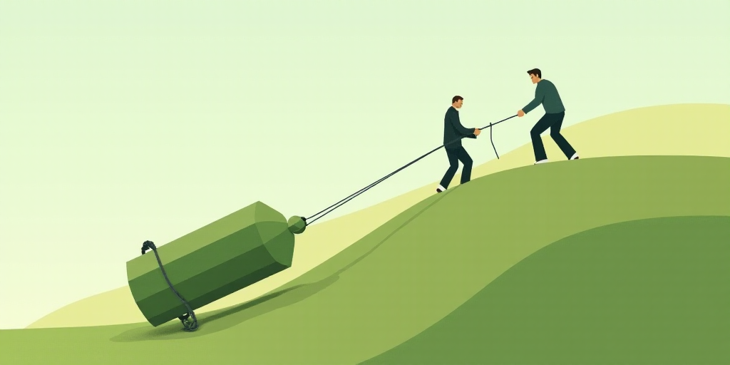 two people are trying to pull a large green object up a hill with a rope on it and a man is holding
