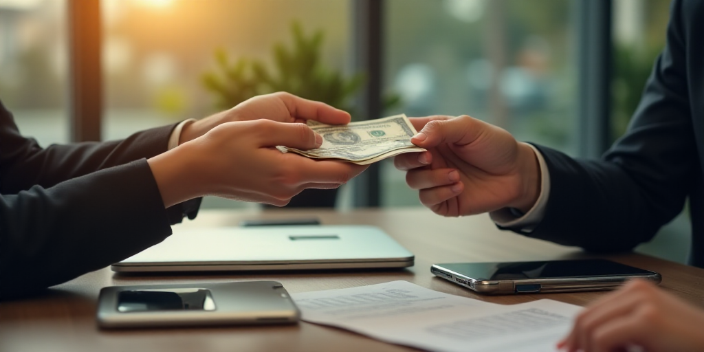 two people exchanging money in their hands on a table with a cell phone and a laptop on it,, Bouchta