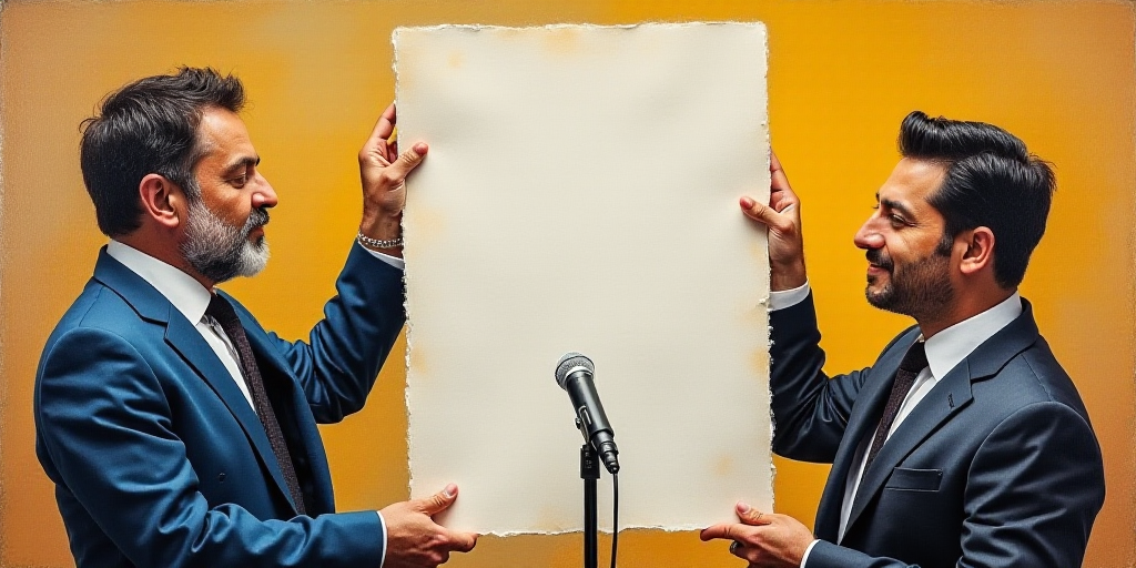 two people holding up a large document in front of a microphone and a microphone stand behind them w
