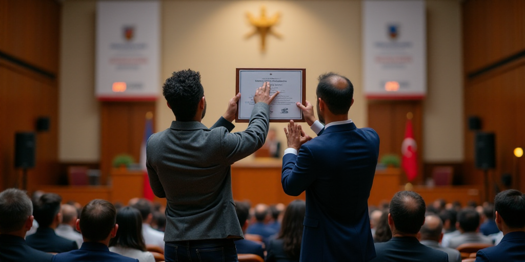 two people holding up a plaque in front of a crowd of people at a conference hall with a banner behi