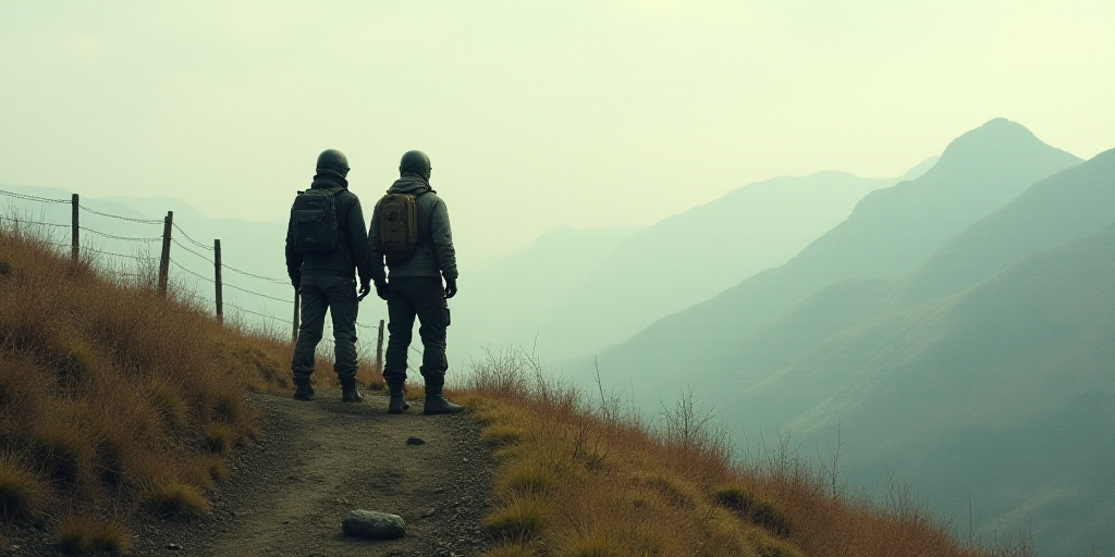 two people in full gear standing on a hill overlooking a valley and hills in the distance with a fen